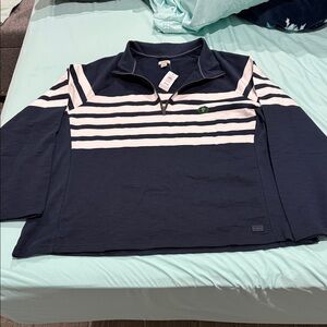 L.L. Bean Navy and White Striped Half-Zip Knit Pullover